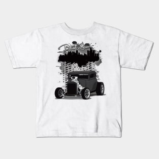 1932 Black Chevy 5 Window Coupe HotRod Detroit Iron Print Kids T-Shirt